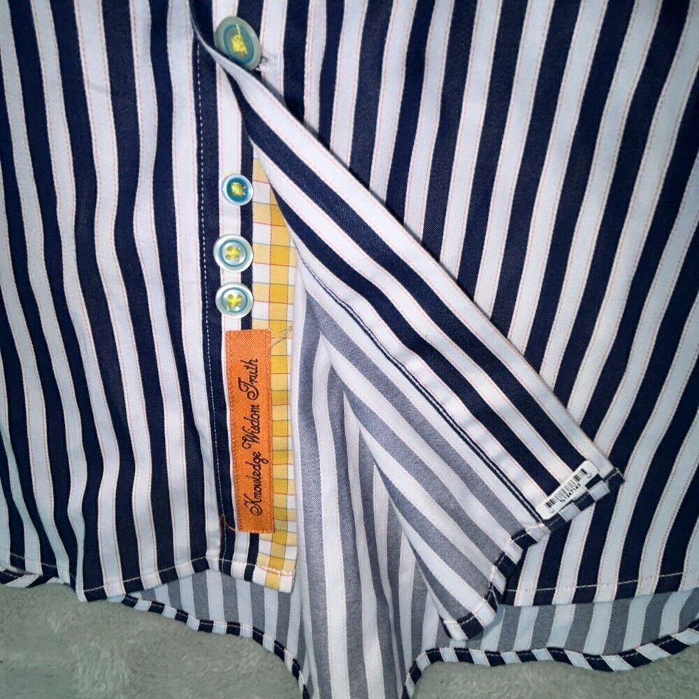 Robert Graham L Shirt Mens Large Navy Blue Striped Pink Flip Cuff Green Trim 100 - Picture 5 of 11